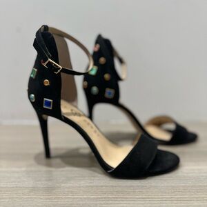 Katy Perry Black Heeled Sandals with Jeweled back detail.